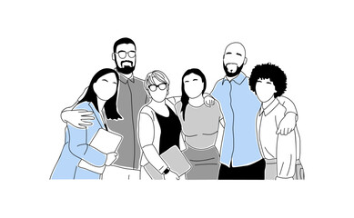 Business team members standing together, hugging and supporting each other. Team work business concept illustration. Vector outline illustration for graphic, web design isolated