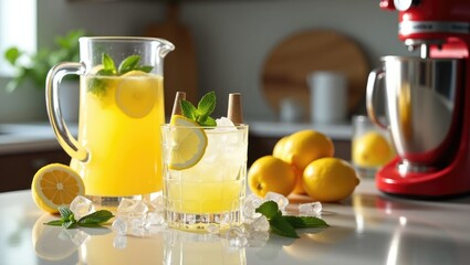 Chilled artisanal citrus lemonade served in textured glasses with paper straws, accompanied by a contemporary red mixer and ice cubes, set against a cozy kitchen backdrop.