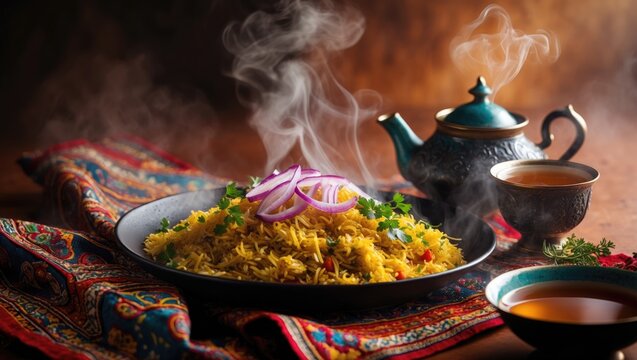 Traditional Uzbek pilaf and tea served on a table with adras.