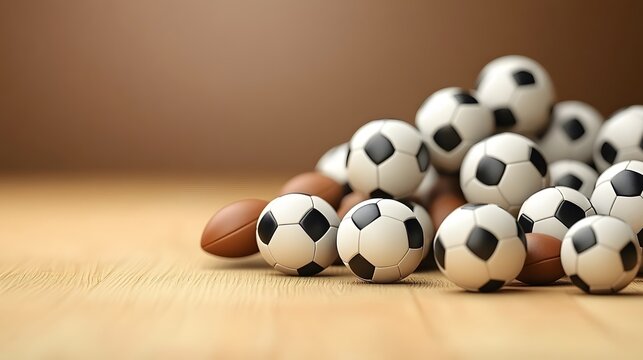 Pile of Soccer Balls and Rugby Balls on Wood