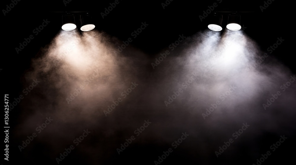 Poster intense white spotlights illuminate a foggy stage with swirling mist, creating a dramatic atmosphere