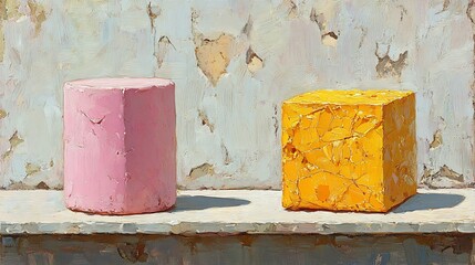 Pastel pink cylinder and vibrant yellow cube subtly contrast against weathered wall bright sunlight. AI Generated