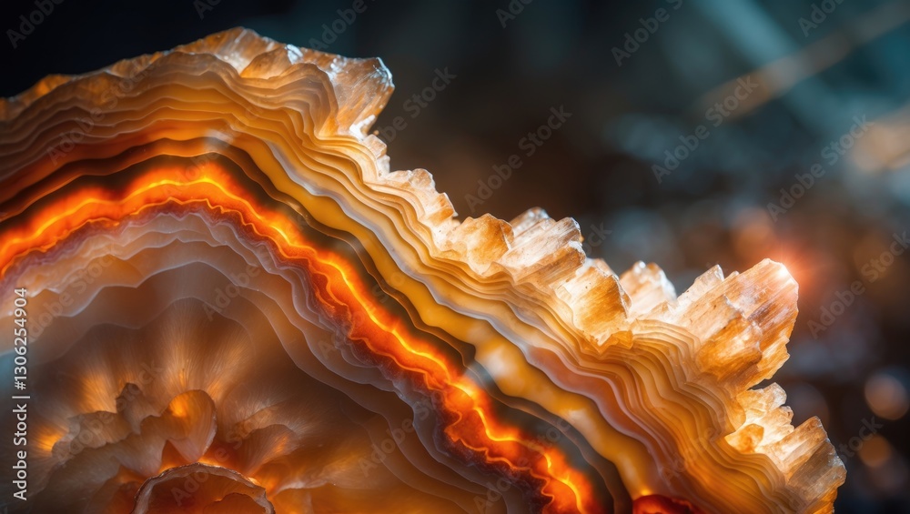 Aufkleber Slice of translucent agate crystal showcasing an orange abstract pattern in a close-up macro view.