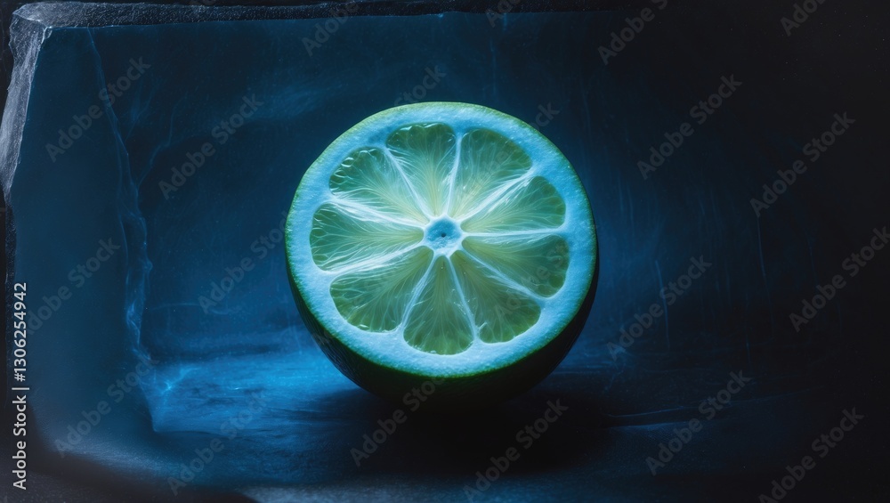 Aufkleber cyanotype depiction of a sliced lime with x-ray effect