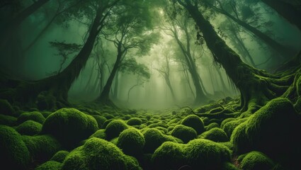 Lush green natural vista from below. Blank space for biological design. Theme of organic, untamed nature. Banner.