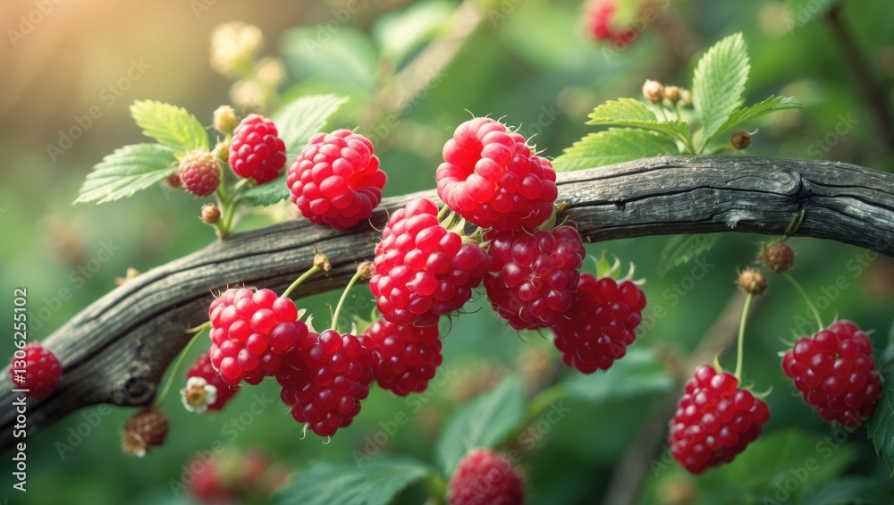 Poster close-up view of vibrant red raspberries on a garden branch. juicy raspberries hanging from a small 