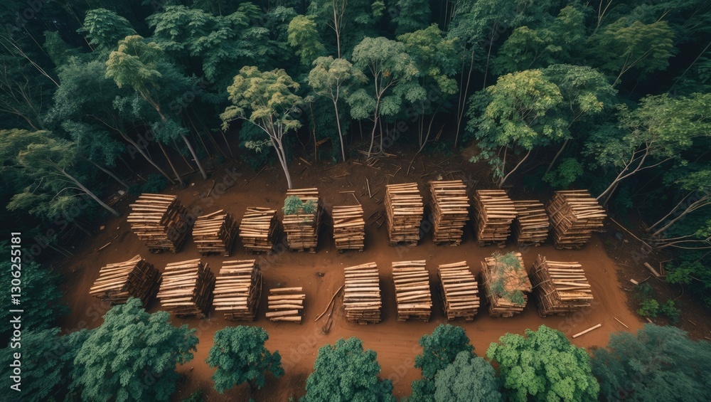 Poster Aerial view of tree removal and forest destruction. Unlawful logging practices and forest clearing observed. Stacked timber arranged in lines. Illegal depletion of forested areas and environmental ...