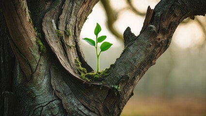 Fototapeta premium Idea of rejuvenation represented by budding seedlings emerging from old trees. A sign of renewal or business growth.