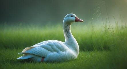 Obraz premium Domestic white goose resting on lush green grass
