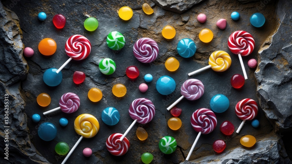 Poster vibrant sweets and lollipops scattered on a rocky surface. elevated view with room for text.