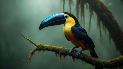 Obraz premium a toucan featuring a prominent dark beak, blue accents by its eyes, a pale yellow-white chest, and a black plumage on its back