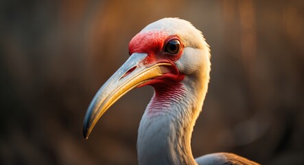 Fototapeta premium Detailed portrait of the Northern bald ibis (Geronticus eremita) featuring a soft focus natural backdrop.