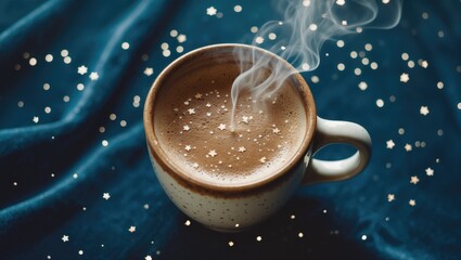 Mug of steaming coffee with stars on a deep blue backdrop. Theme of a starry night and coffee. Overhead view, flat lay.