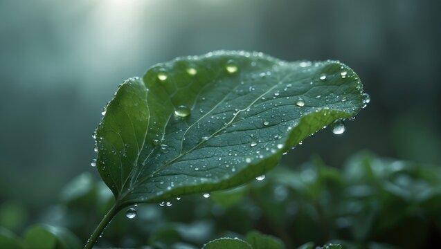 Morning dew and guttation observed on a Centella asiatica leaf.