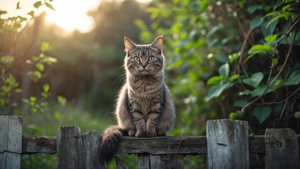 Obraz premium Adorable feline close-up in nature. The cat is perched on a fence, appearing restful. A stray cat lounges on the fence with striking green eyes.