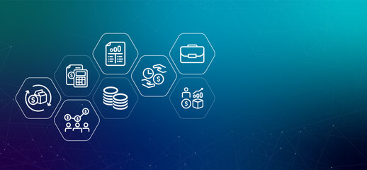 Corporate finance gradient header company salary income earning management calculation market forecast growth business development strategy investment analysis icon design illustration