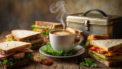 Lunch break with steaming coffee and sandwiches