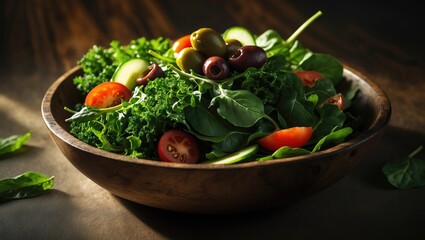 bowl of mixed greens with cucumbers, tomatoes, and olives