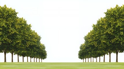 Lush Green Trees in a Row on a Grassy Field Against a White Background