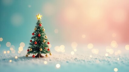 Festive tree ornamented with vibrant stars against a soft pastel backdrop for the New Year celebration.