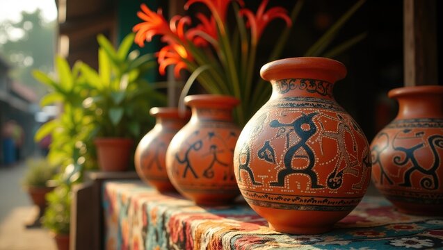 Ceramic vases adorned with geoglyph designs from the Marajoara culture, marketed to visitors as mementos at the Belem market in Par&Atilde;&iexcl;, northern Brazil.