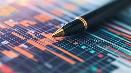 Close-up of a pen on financial charts and graphs, a business concept for medical or stock market growth with data points