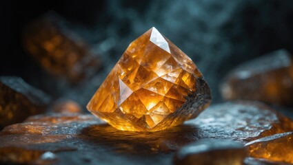 Close-up view of a citrine gemstone with a sparkling background.