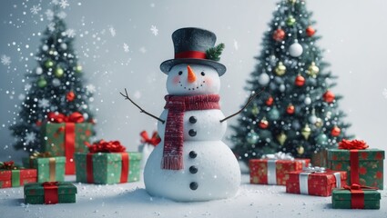 Festive snowman, snowflakes, gift boxes, and Christmas trees against a white backdrop. Continuously patterned design, handcrafted for holiday celebrations and New Year decorations for 2022.