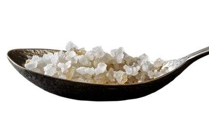 A metal spoon filled with shimmering sea salt crystals, dark backdrop. --ar 16:9
