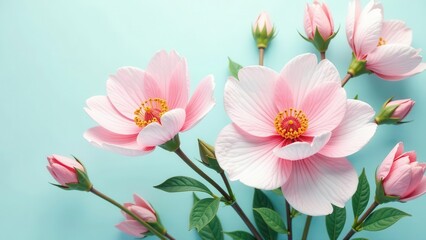 Fototapeta premium Delicate Pink Blossoms on a Light Blue Background A Close-Up Study of Elegant Floral Beauty