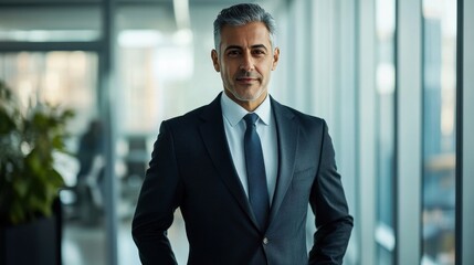 A confident senior Middle Eastern man in a formal suit stands in an office setting, showcasing a professional demeanor and an air of success.