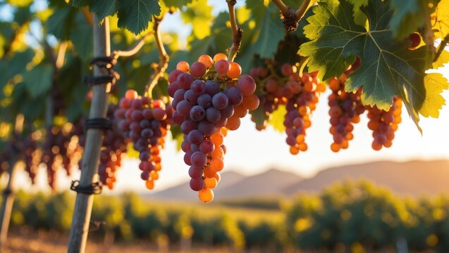 Clusters of grapes suspended from vine trellises in the Overberg region, Western Cape, South Africa.