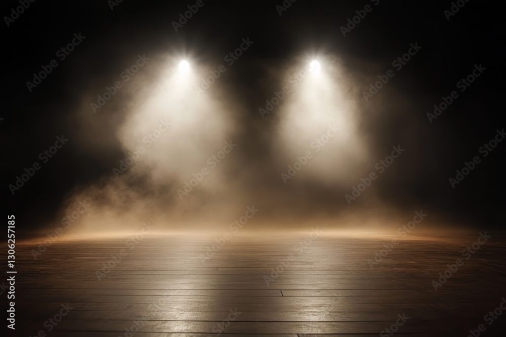 Aufkleber Spotlights illuminate a minimalist stage enveloped in soft fog, enhancing the modern aesthetic and creating a captivating atmosphere suitable for various events