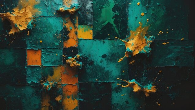 vivid mosaic wallpaper featuring abstract artistic elements. energetic paint splashes with dynamic brushstrokes on a textured background. vibrant green tie-dye artwork with an avant-garde twist. im...