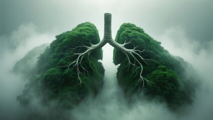 Visual Concept of Lungs Represented by Green Trees for Earth Day, World Health Day, or Environmental Awareness. Island in the Shape of Lungs on a White Background.