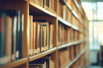 Rows of neatly organized books on library shelves in warm lighting.