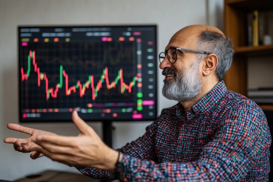 An IT specialist seated at a modern desk gestures towards a holographic screen that outlines current trends in the computer industry while engaged in discussion
