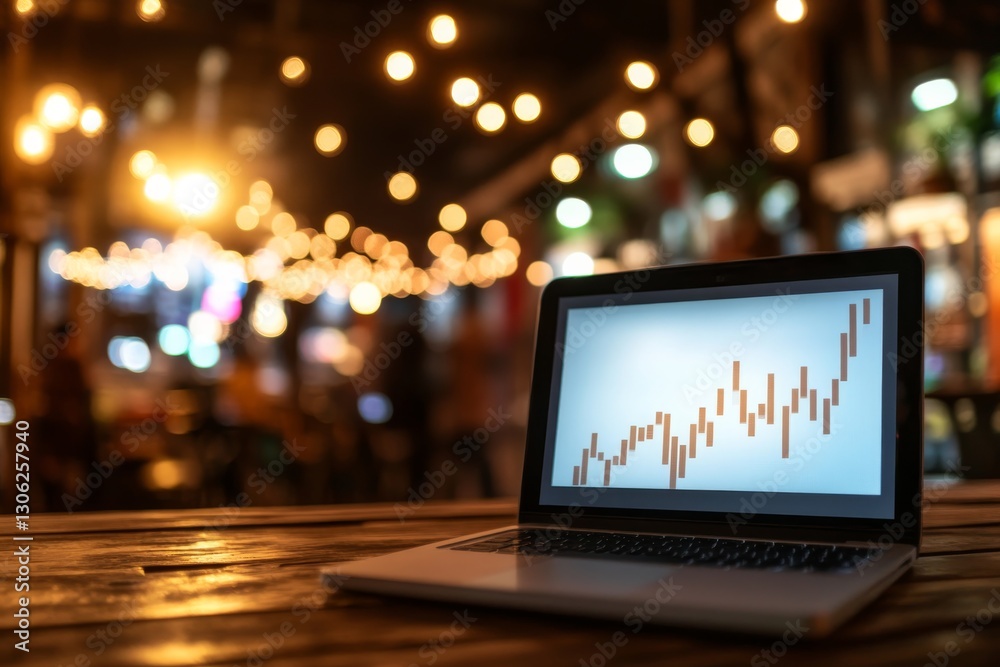 Poster A computer screen showcases an upward stock market graph while the office setting blurs into the background, conveying a sense of financial optimism and growth