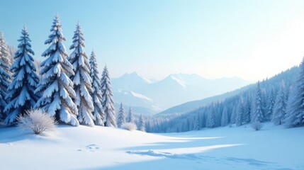 Obraz premium Serene Winter Wonderland Snow-Covered Evergreens and Majestic Mountain Range Under a Clear Sky