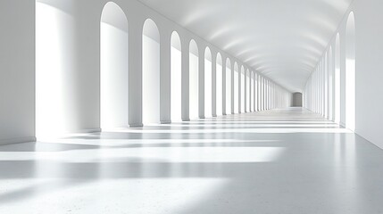 Serene white hallway sunlight streams through arches creating shadows. AI Generated