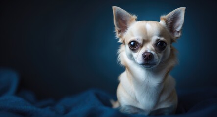 Charming chihuahua pup. Pet portrait. Fashionable capture. Azure backdrop.