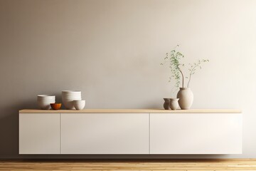 White wooden sideboard in a bright room with decorative natural elements, branches, dishes. Digital minimalism. Beige, gray plastered wall, space for text.