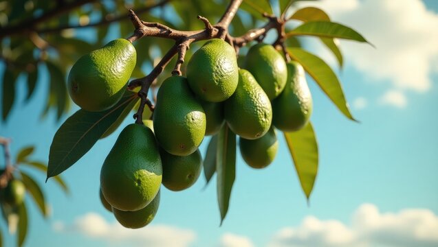 Green avocados hanging from a branch of an avocado tree.