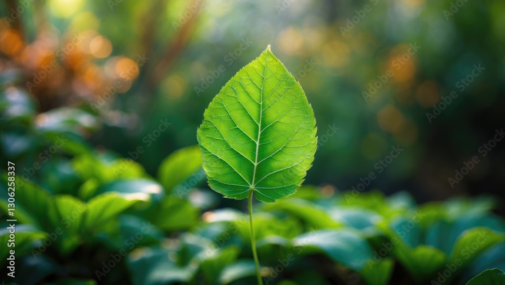 Aufkleber detailed view of a vibrant green leaf in nature, set against a soft-focus backdrop of garden greener