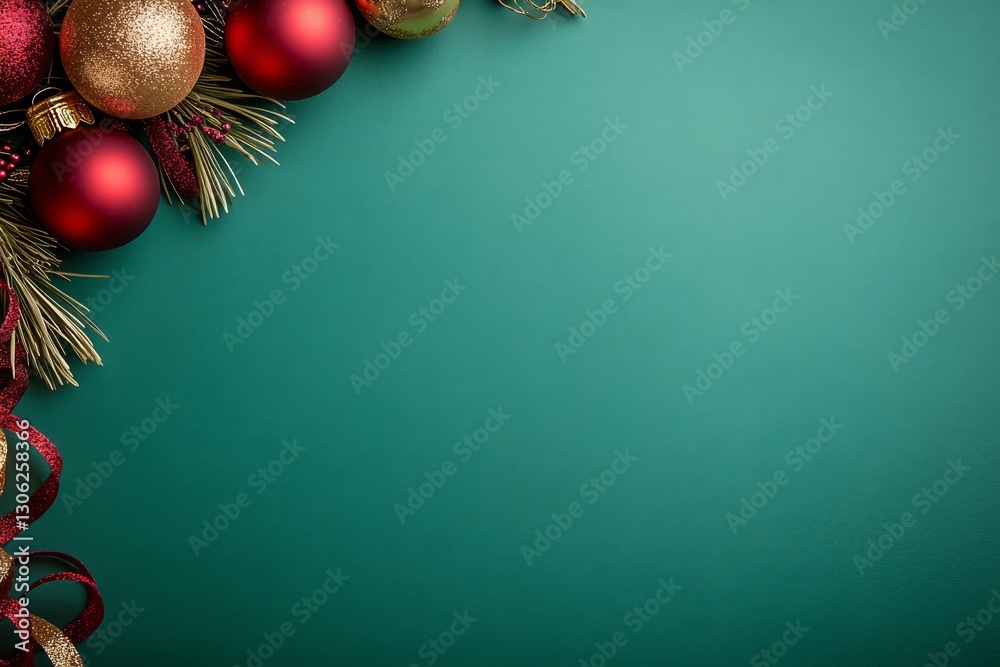Poster Pine branches embellished with red and gold baubles and shimmering ribbon create a cheerful festive arrangement perfect for holiday greetings