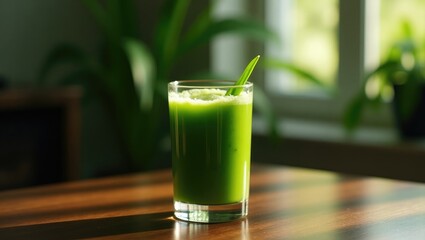 a glass of wheatgrass juice on a wooden surface.