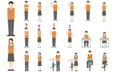 フラットイラスト：高校生正面(夏服)