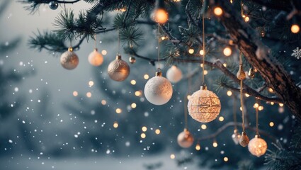 Fototapeta premium Decorative Christmas ornaments and lights hang from pine branches, creating a winter holiday scene.