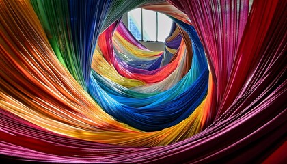 Naklejka premium Multicolored fabric drapes in a spiraling motion, creating a sense of movement in a modern gallery, illuminated from above, soft shadows
