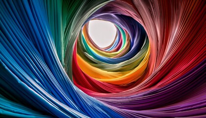 Naklejka premium Multicolored fabric drapes in a spiraling motion, creating a sense of movement in a modern gallery, illuminated from above, soft shadows